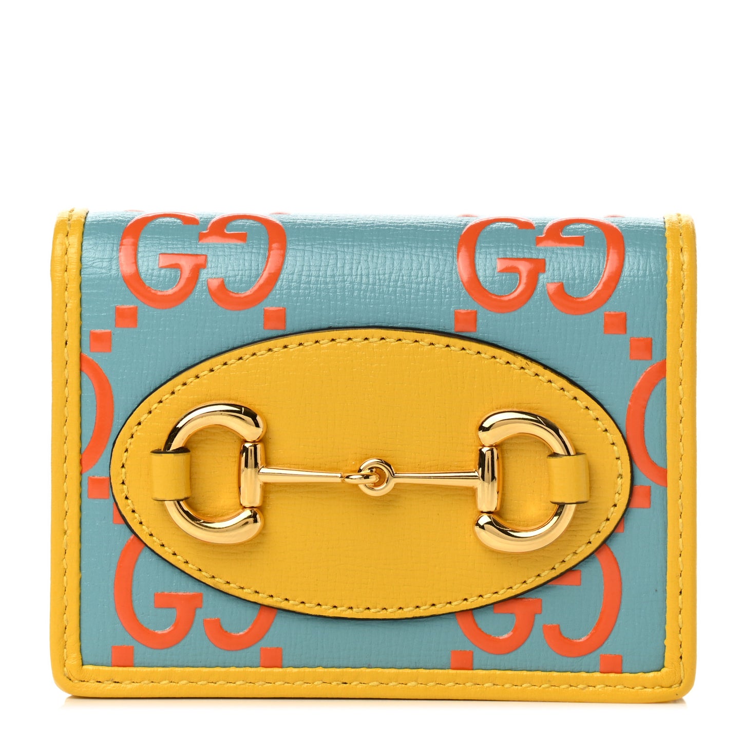 Azalea Calfskin GG Monogram Bi-Color Debossed Horsebit 1955 Card Case Wallet Dusty Azure Stone Topaz Deep Orange