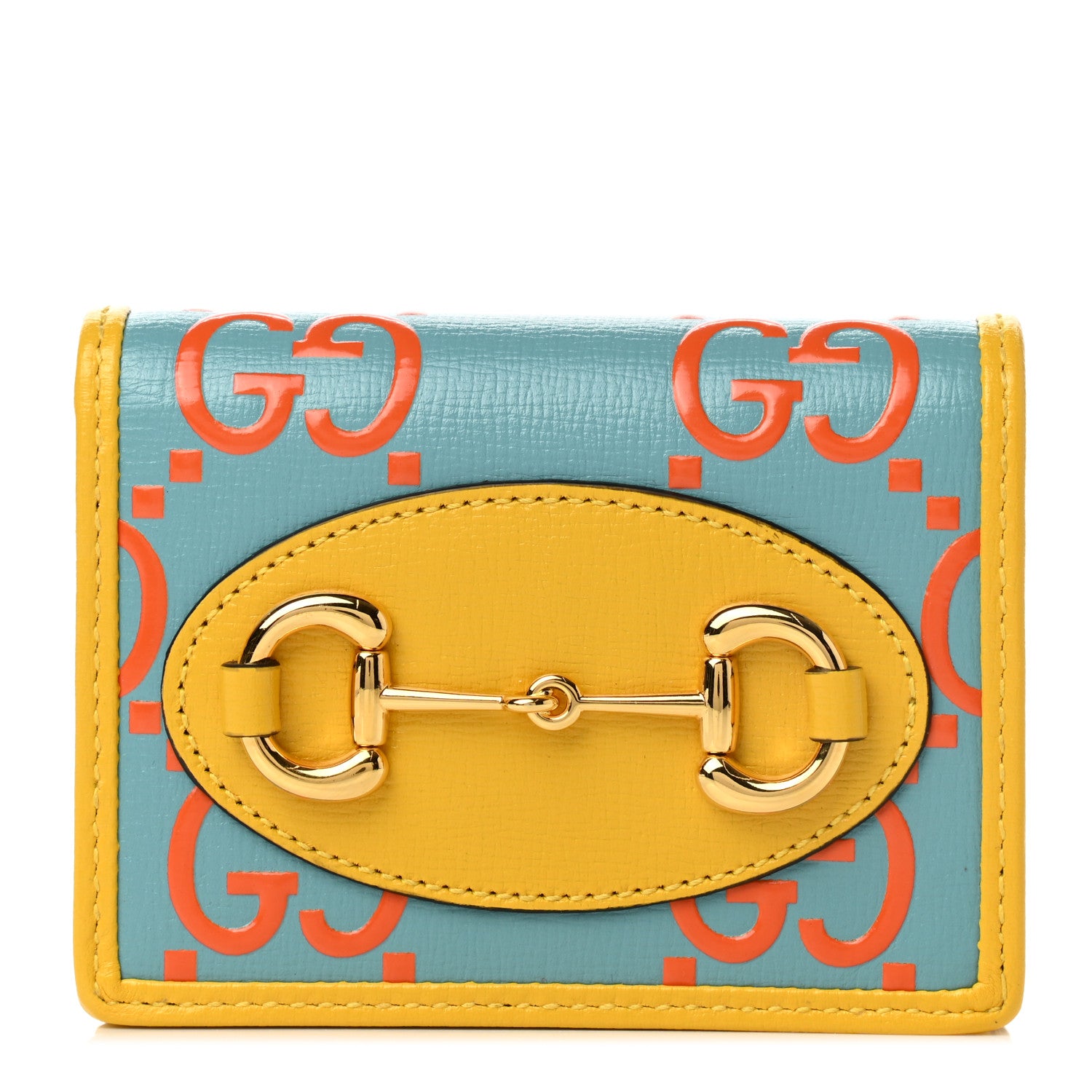Gucci Azalea Calfskin GG Monogram Bi-Color Debossed Horsebit 1955 Card Case Wallet Dusty Azure Stone Topaz Deep Orange 1 of 8