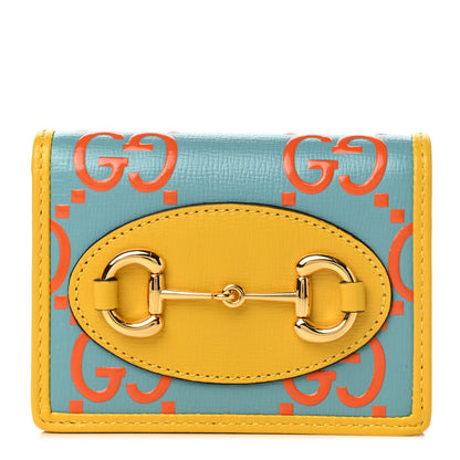 Gucci Azalea Calfskin GG Monogram Bi-Color Debossed Horsebit 1955 Card Case Wallet Dusty Azure Stone Topaz Deep Orange 1 of 8