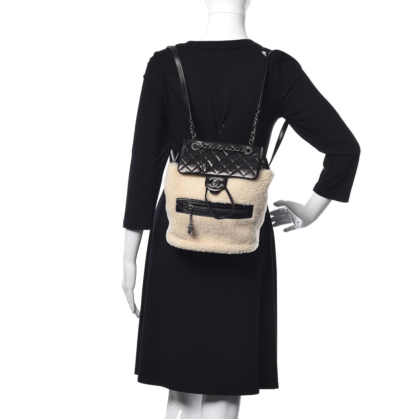 Glazed Calfskin Shearling Quilted Small Mountain Backpack Black Ivory