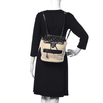 Chanel Glazed Calfskin Shearling Quilted Small Mountain Backpack Black Ivory 2 of 14