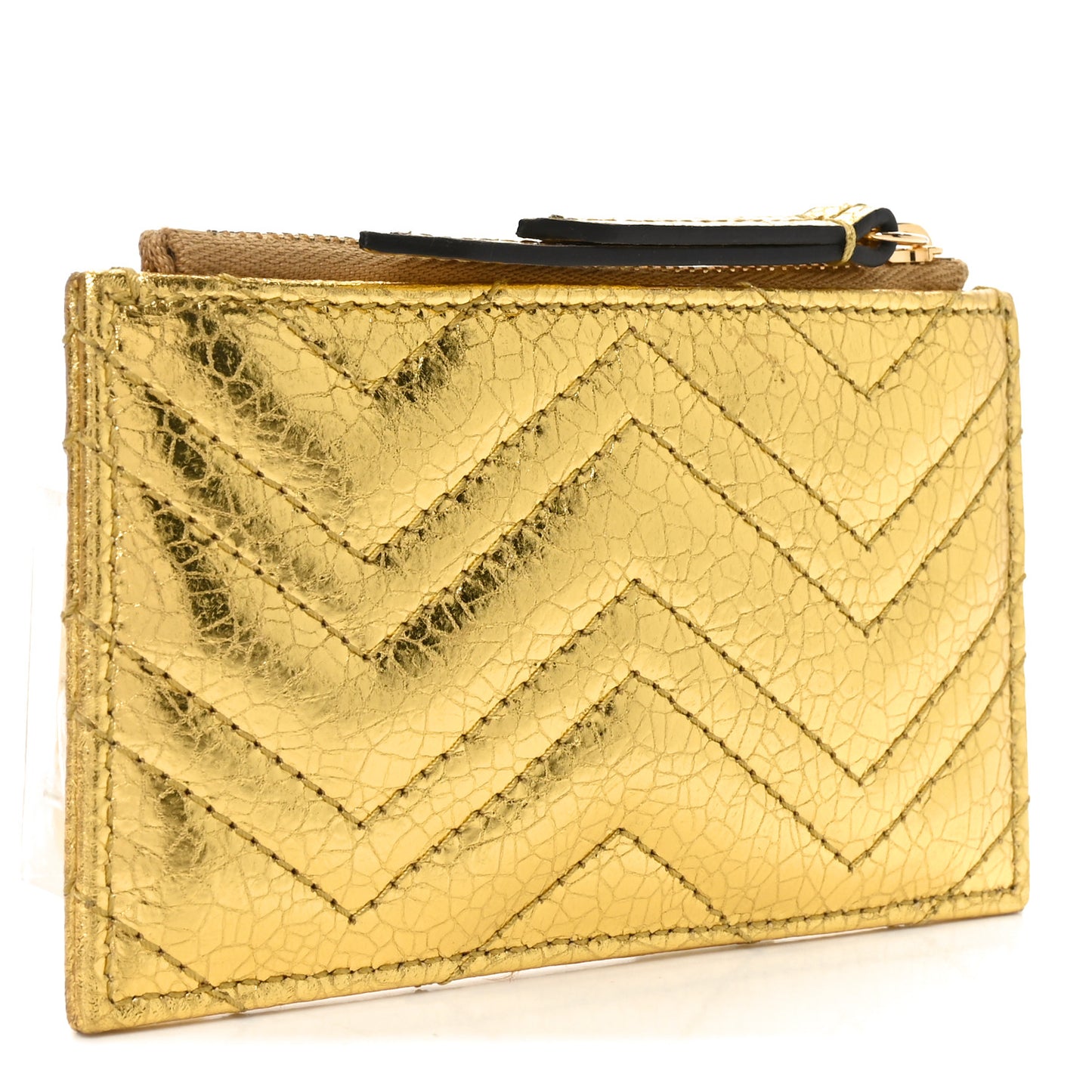 Metallic Crinkled Calfskin Matelasse GG Marmont Zip Key Pouch Gold