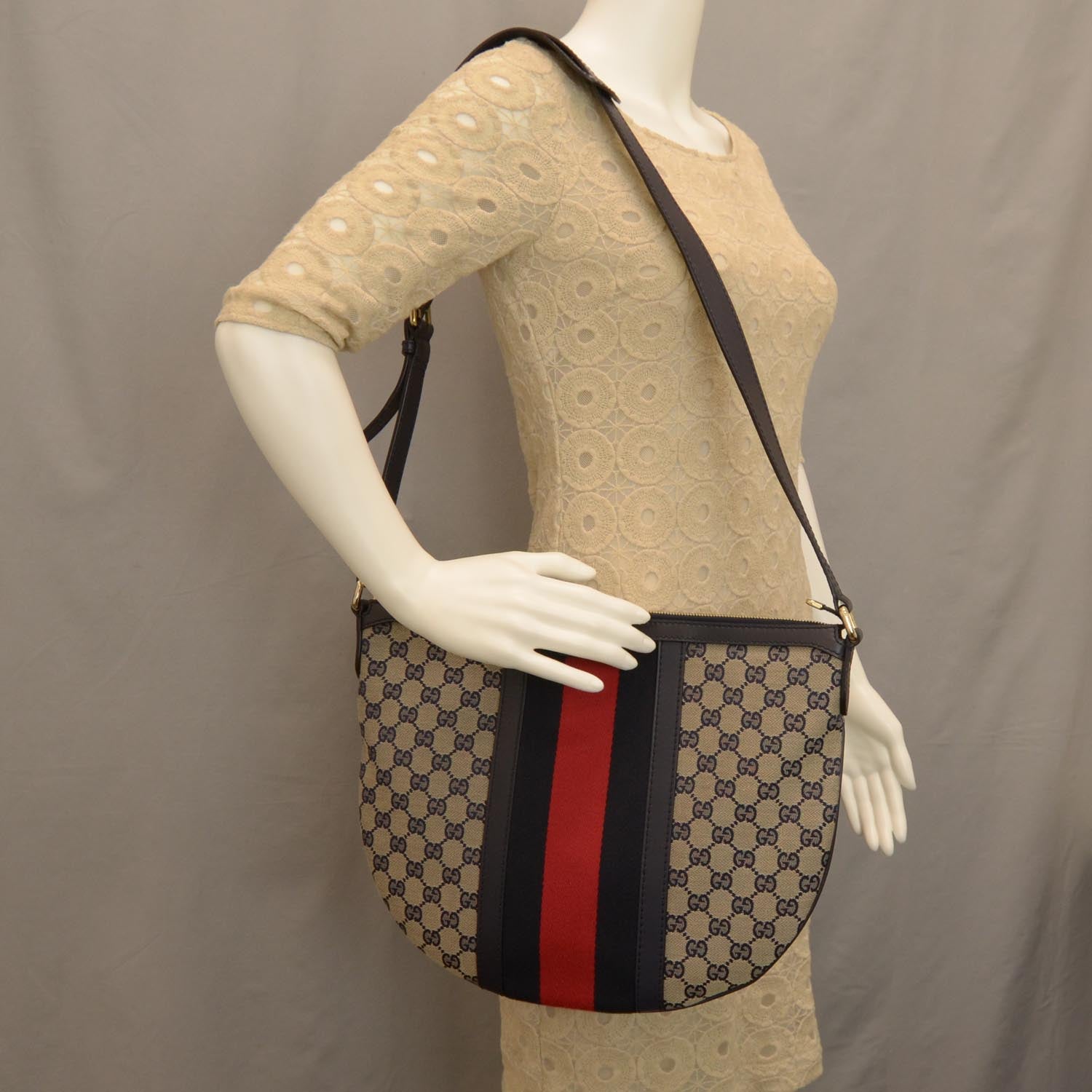Gucci Monogram Vintage Web Medium Half Moon Hobo Navy 2 of 7