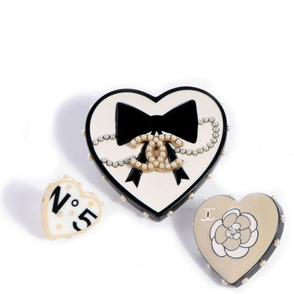 Chanel Resin Heart CC Pearl Brooch Set Black White Cream 1 of 5