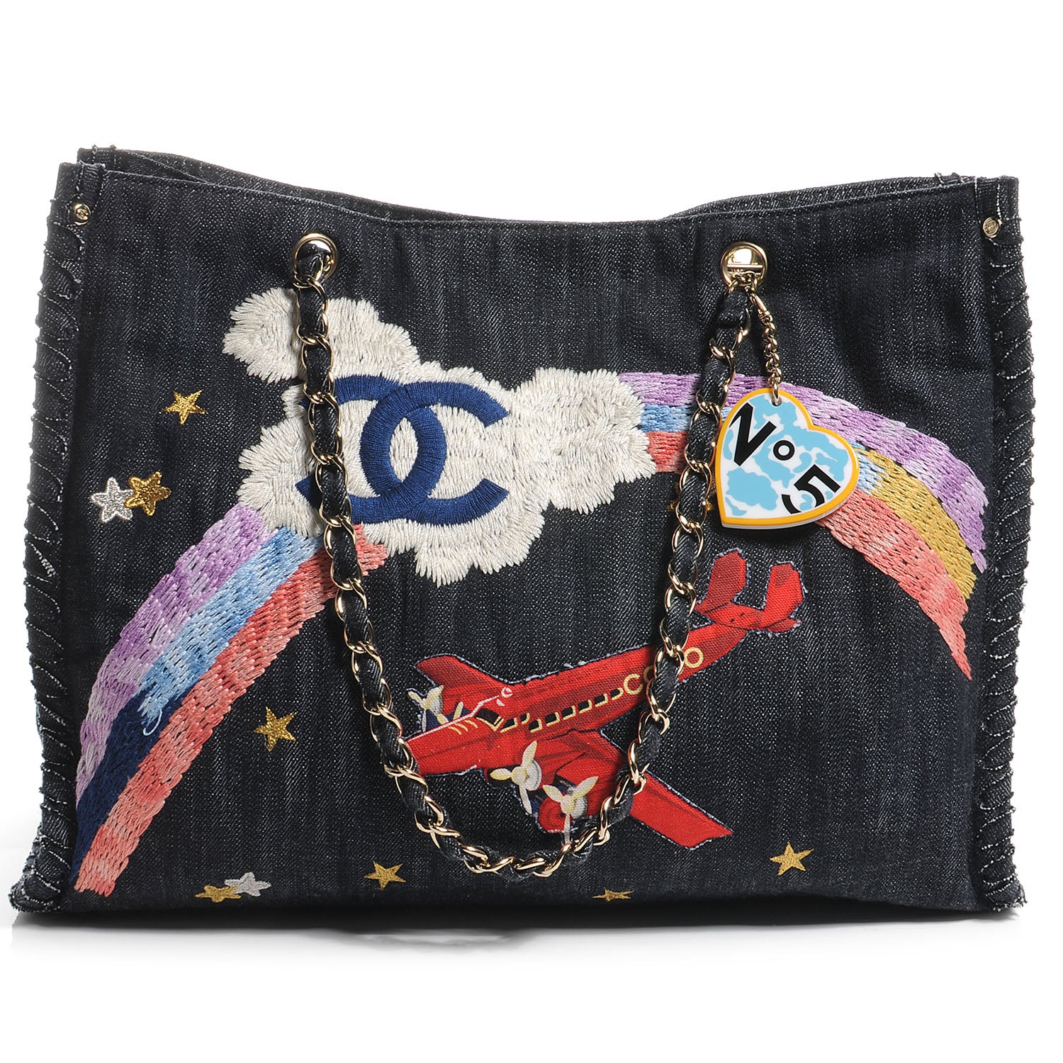 Chanel HANEL Denim Embroidered Night Flight Tote Blue 1 of 7