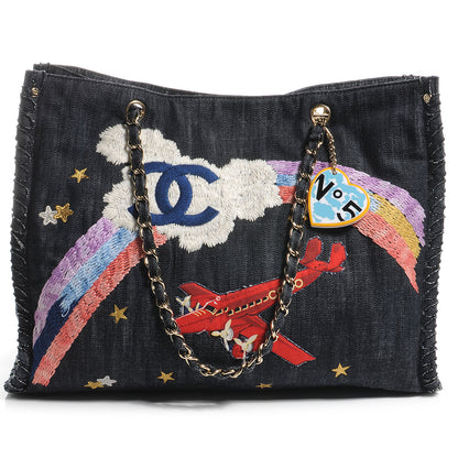 Chanel HANEL Denim Embroidered Night Flight Tote Blue 1 of 7
