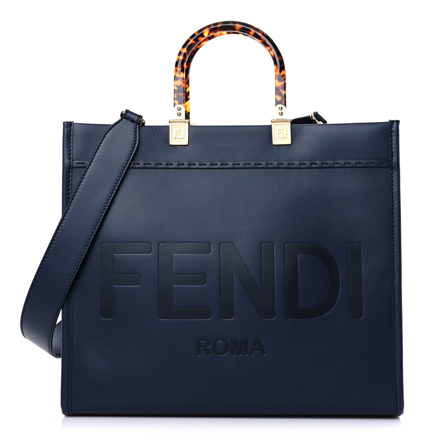 Fendi Vitello King Plexiglass Logo Embossed Medium Fendi Sunshine Shopper Tote Midnight 1 of 14