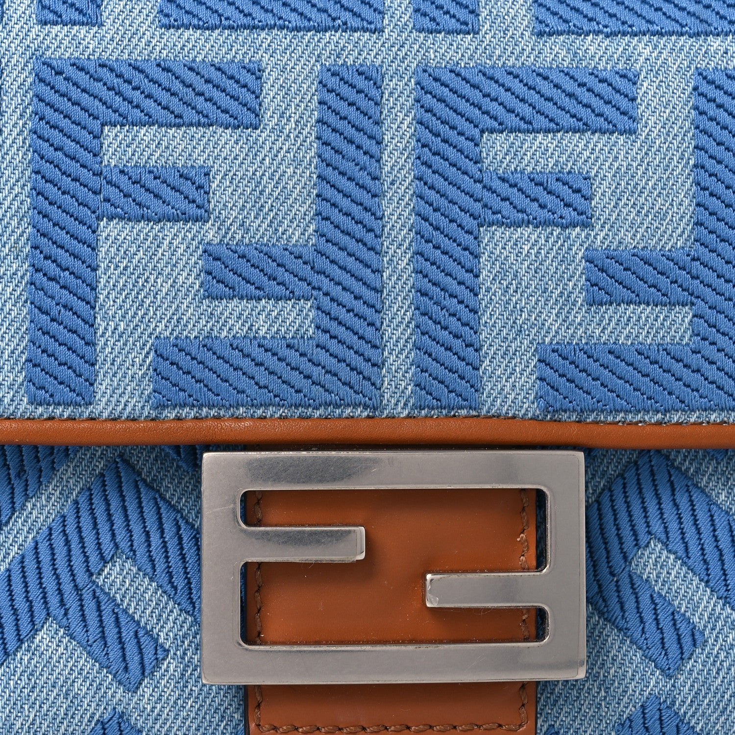 Fendi Denim Vitello King FF Embroidered Baguette Denim Chiaro Brandy 9 of 13