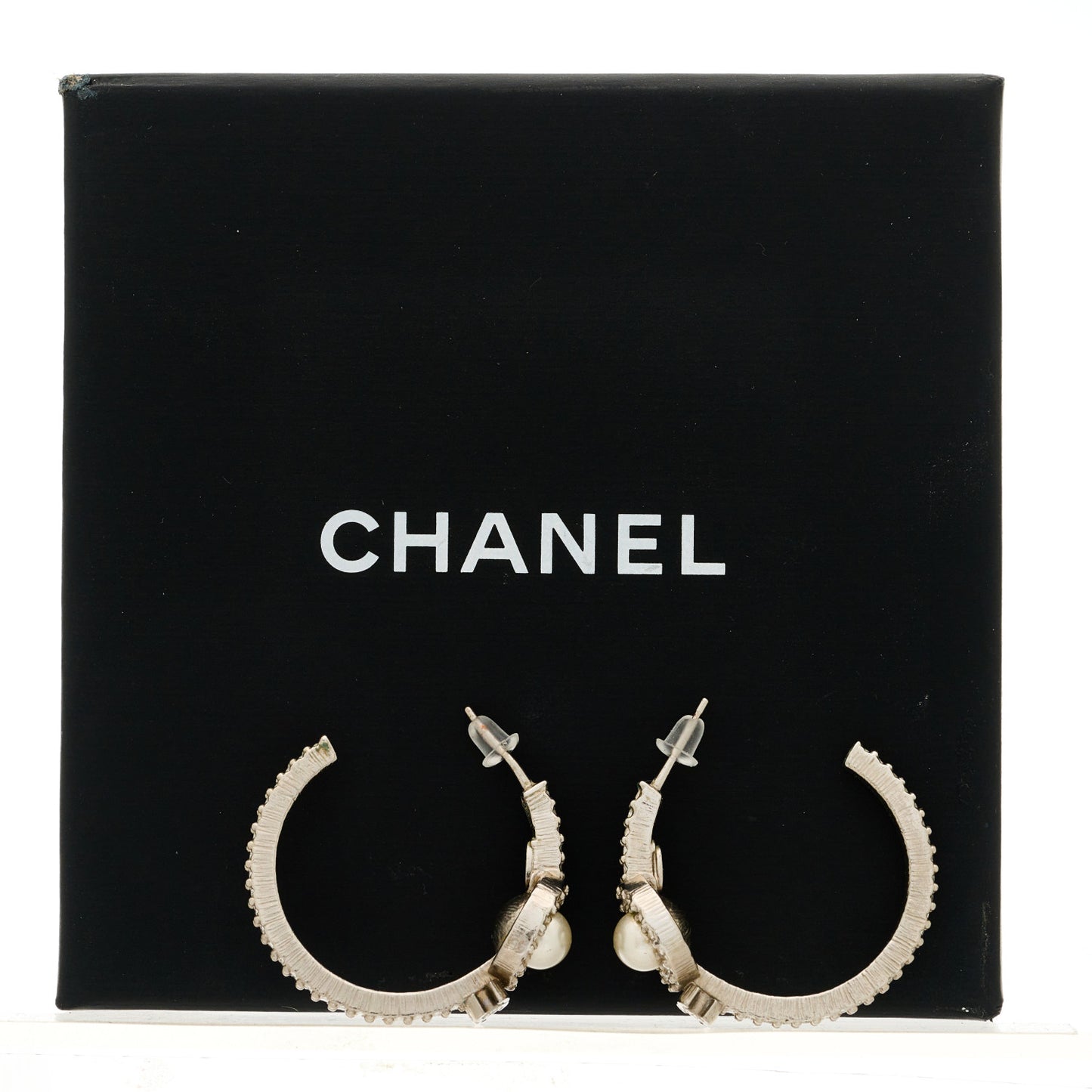 Crystal Pearl CC Hoop Earrings Silver