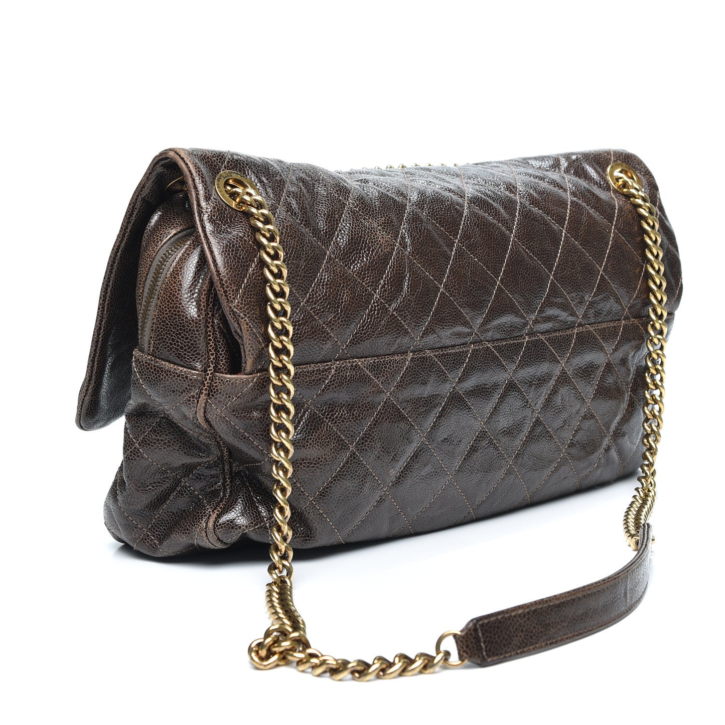 Crumpled Grained Calfskin Quilted Maxi Shiva Flap Brown