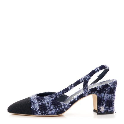 Chanel Tweed Cap Toe CC Slingback Pumps 36.5 Navy Blue Black 1 of 9
