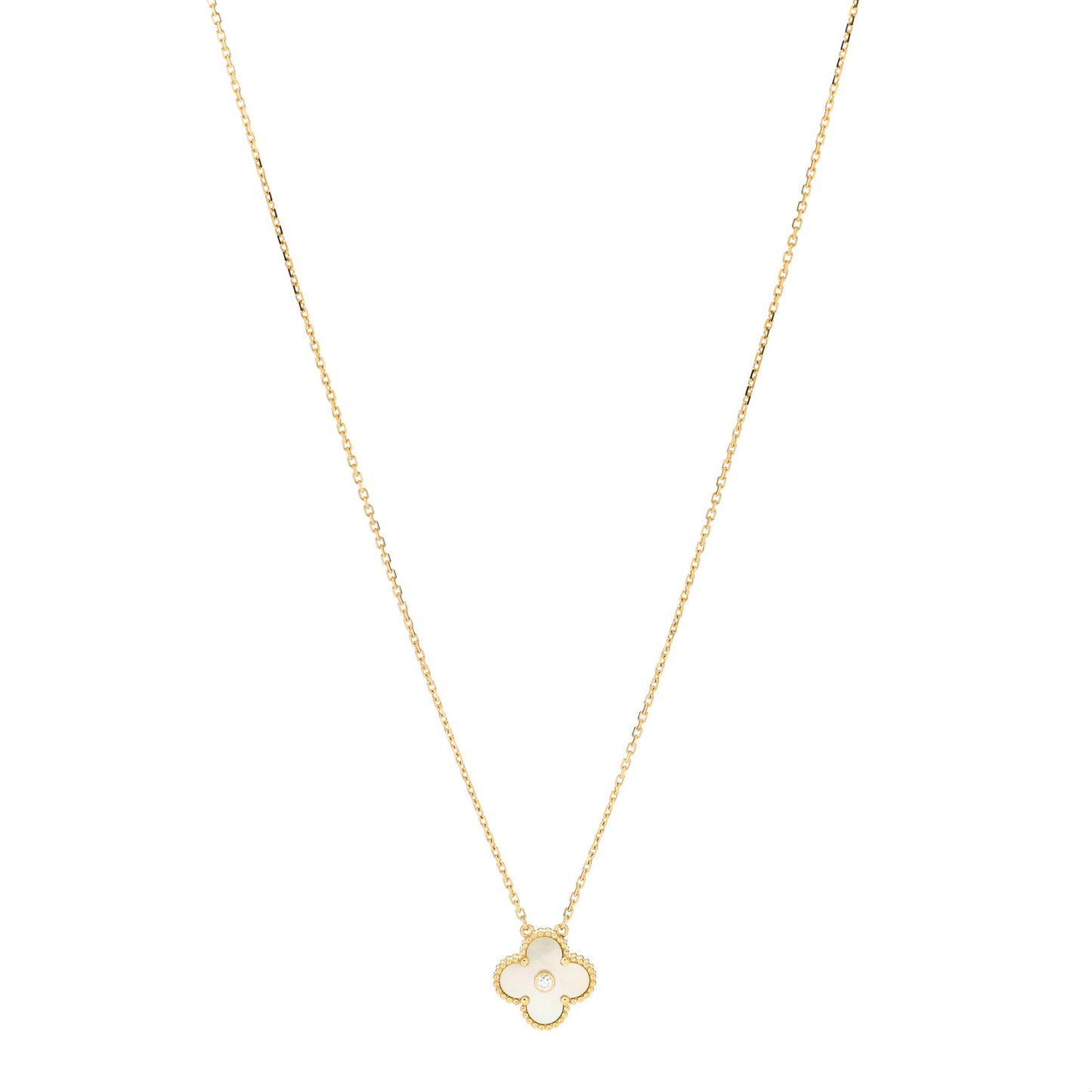 18K Yellow Gold Diamond Yellow Mother of Pearl Vintage Alhambra Pendant Necklace