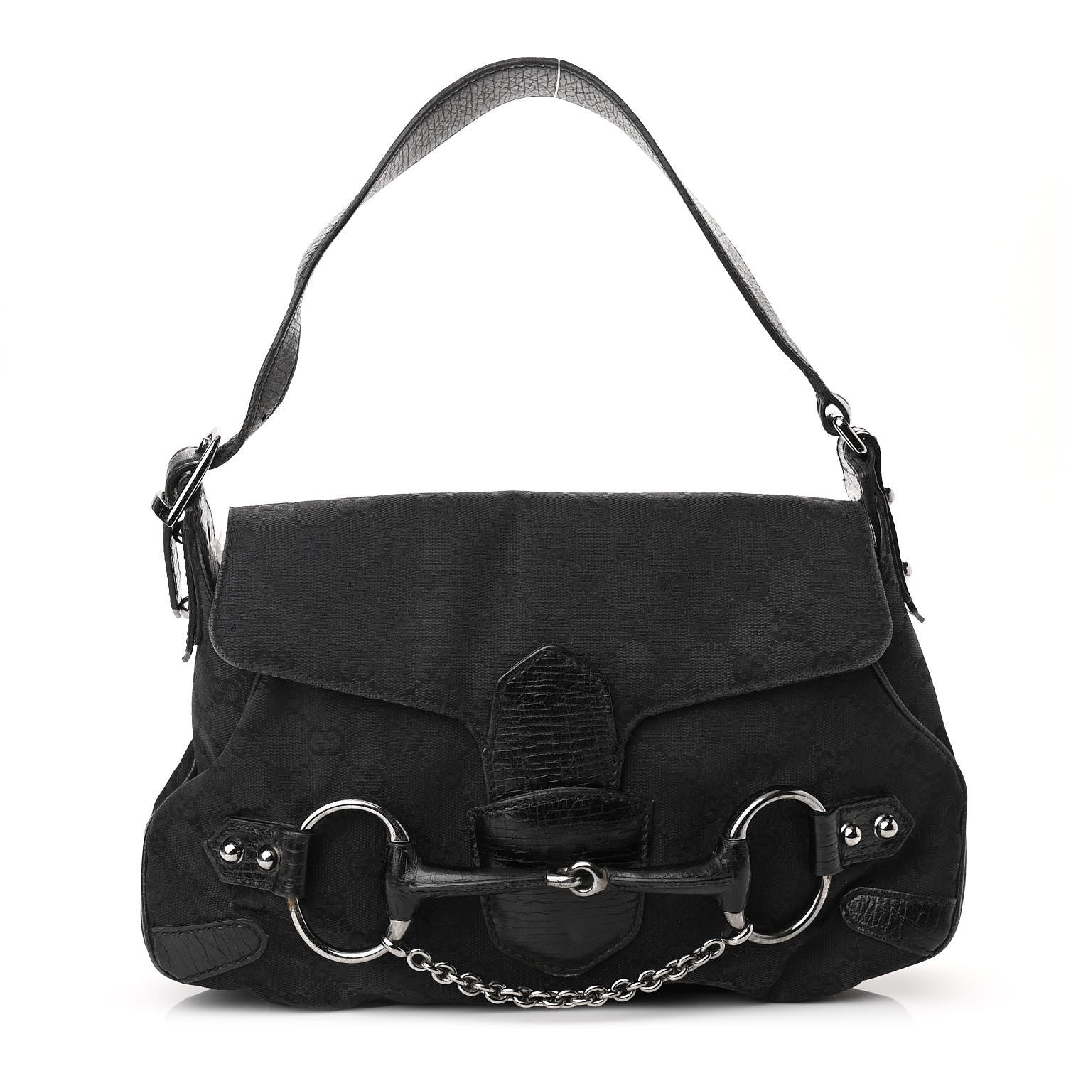 Gucci Monogram Horsebit Chain Flap Shoulder Bag Black 1 of 12