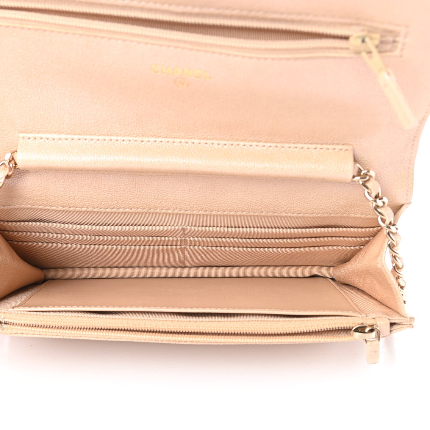 Iridescent Caviar Quilted Wallet On Chain WOC Beige