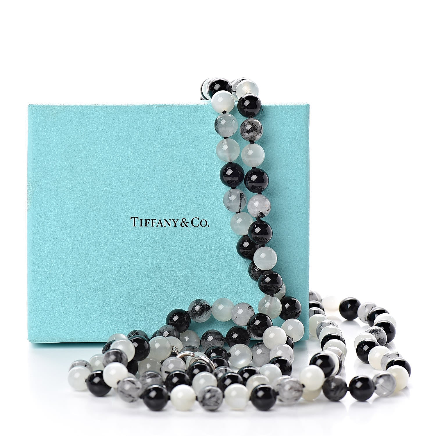 Tiffany Sterling Silver Black Onyx Tourmalinated Quartz Moonstone Bead Necklace 60" 5 of 5