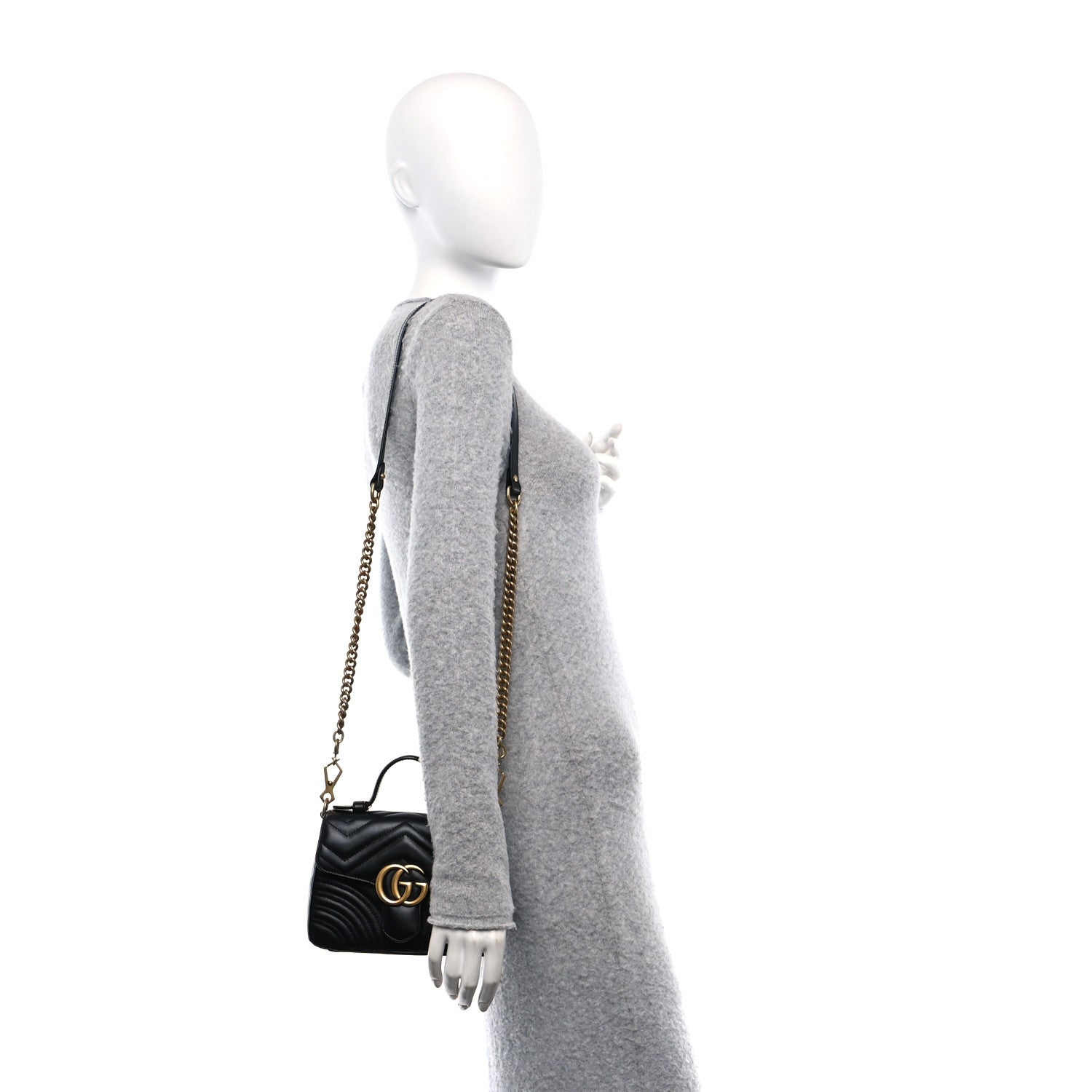 Gucci Calfskin Matelasse Mini GG Marmont Top Handle Shoulder Bag Black 2 of 10