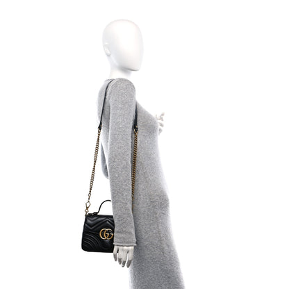 Gucci Calfskin Matelasse Mini GG Marmont Top Handle Shoulder Bag Black 2 of 10