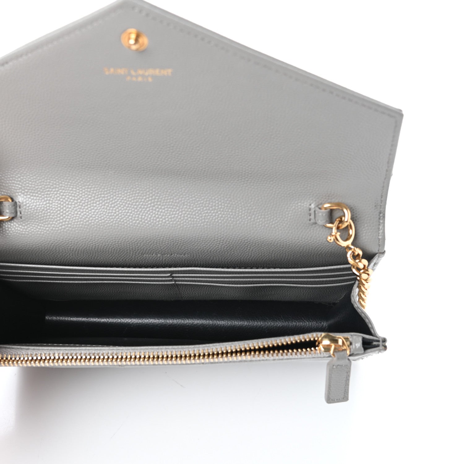 Saint Laurent Grain De Poudre Matelasse Chevron Monogram Envelope Chain Wallet Oyster Grey 5 of 8