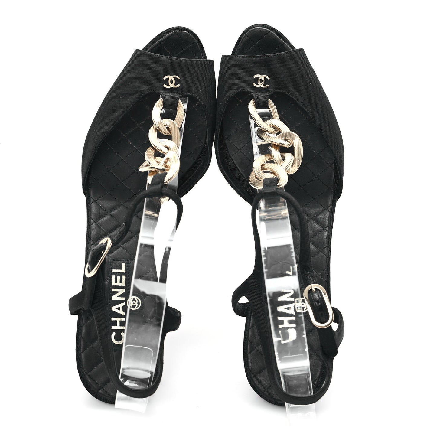 Grosgrain Lambskin Quilted CC Chain Sandals 39 Black