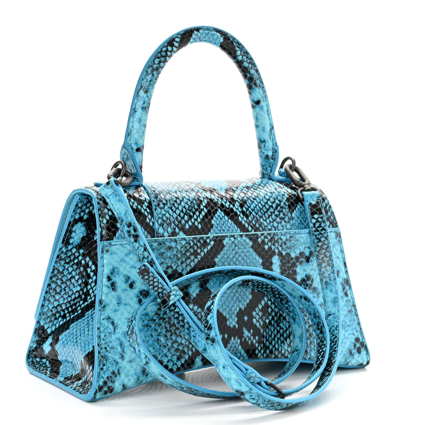 Shiny Calfskin Python Effect Small Hourglass Top Handle Bag Azur Black