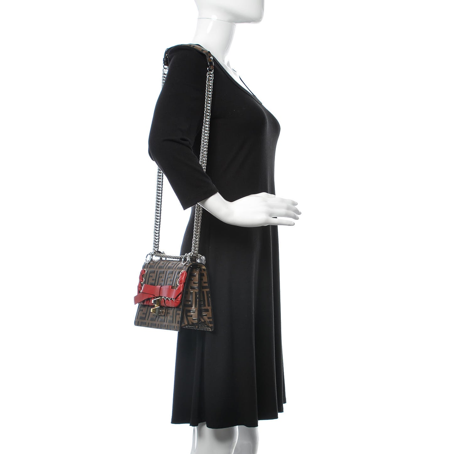 Vitello Shiny Nappa Bi-Color FF 1974 Lace Up Bow Embossed Small Kan I Shoulder Bag Maya Black Fragola