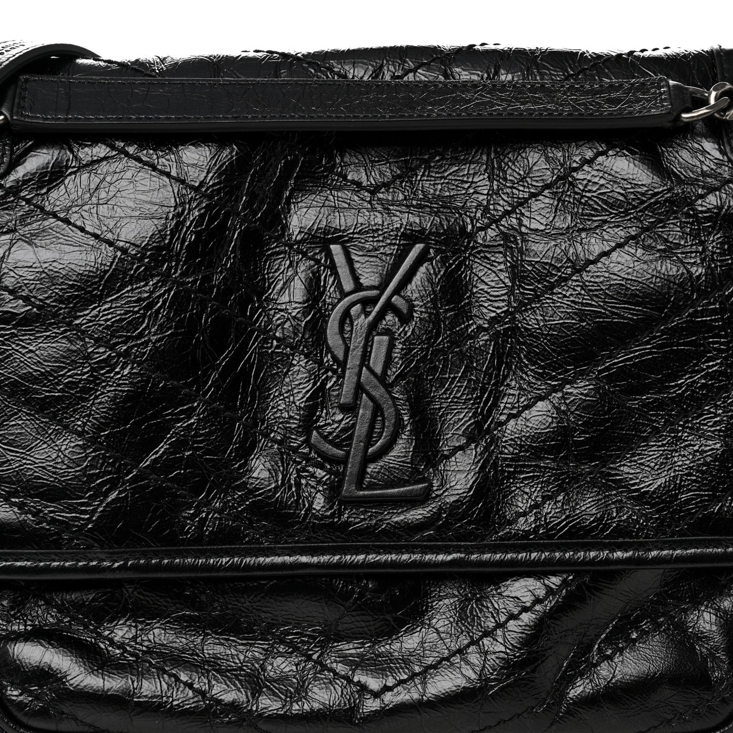 Crinkled Calfskin Matelasse Monogram Medium Niki Chain Satchel Black