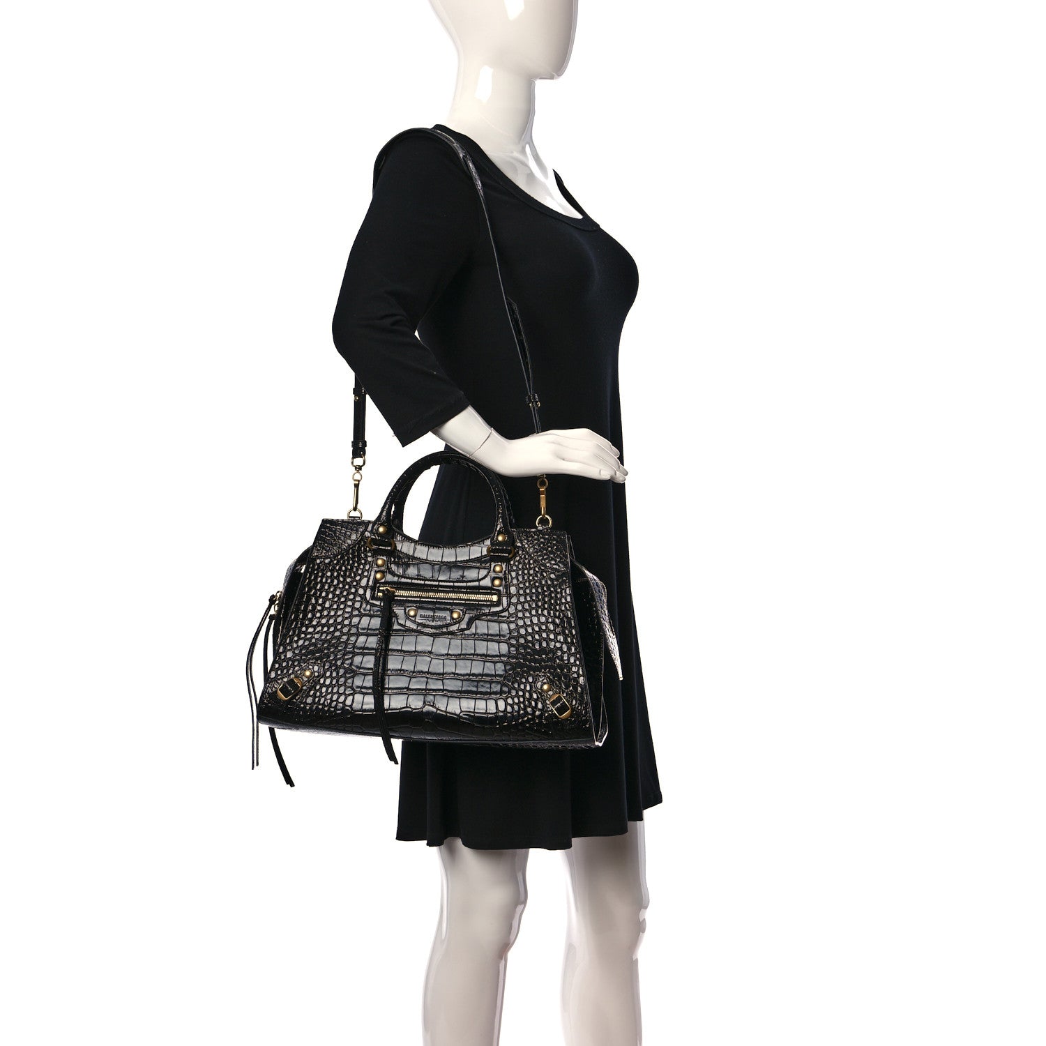 Balenciaga Shiny Supple Calfskin Crocodile Embossed Brass Hardware Neo Classic City Black 2 of 10