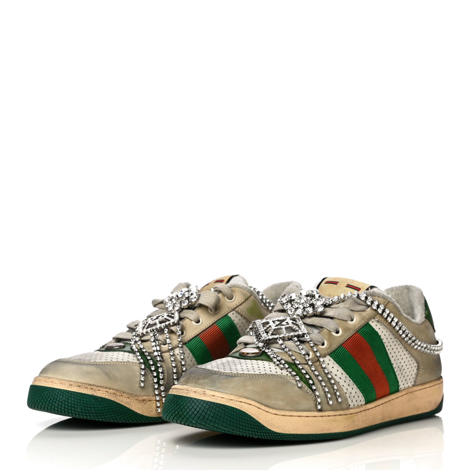 Gucci Nubuck Calfskin Web Removable Crystals Mens Screener Sneakers 9 Dusty Milk New Mystic White 7 of 27