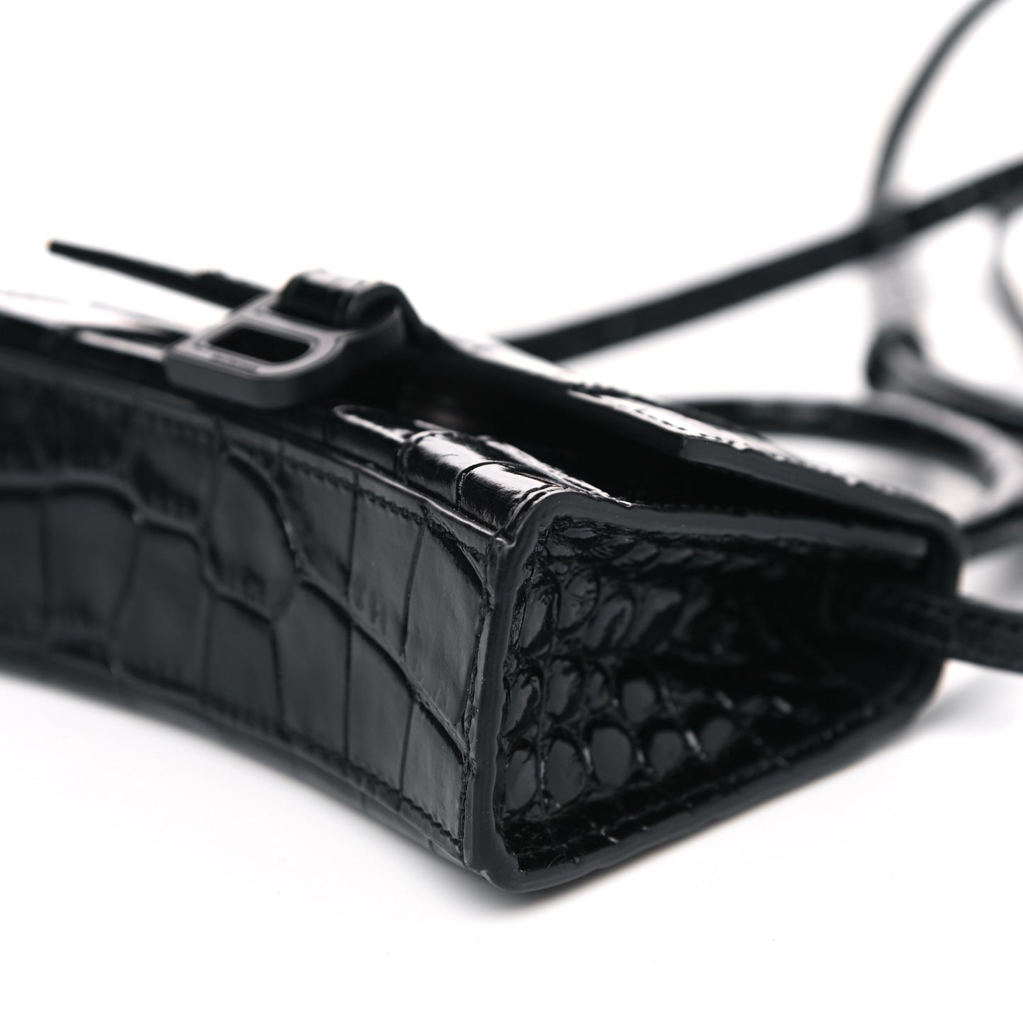 Shiny Calfskin Monochrome Crocodile Embossed Hourglass Top Handle Bag Mini Black