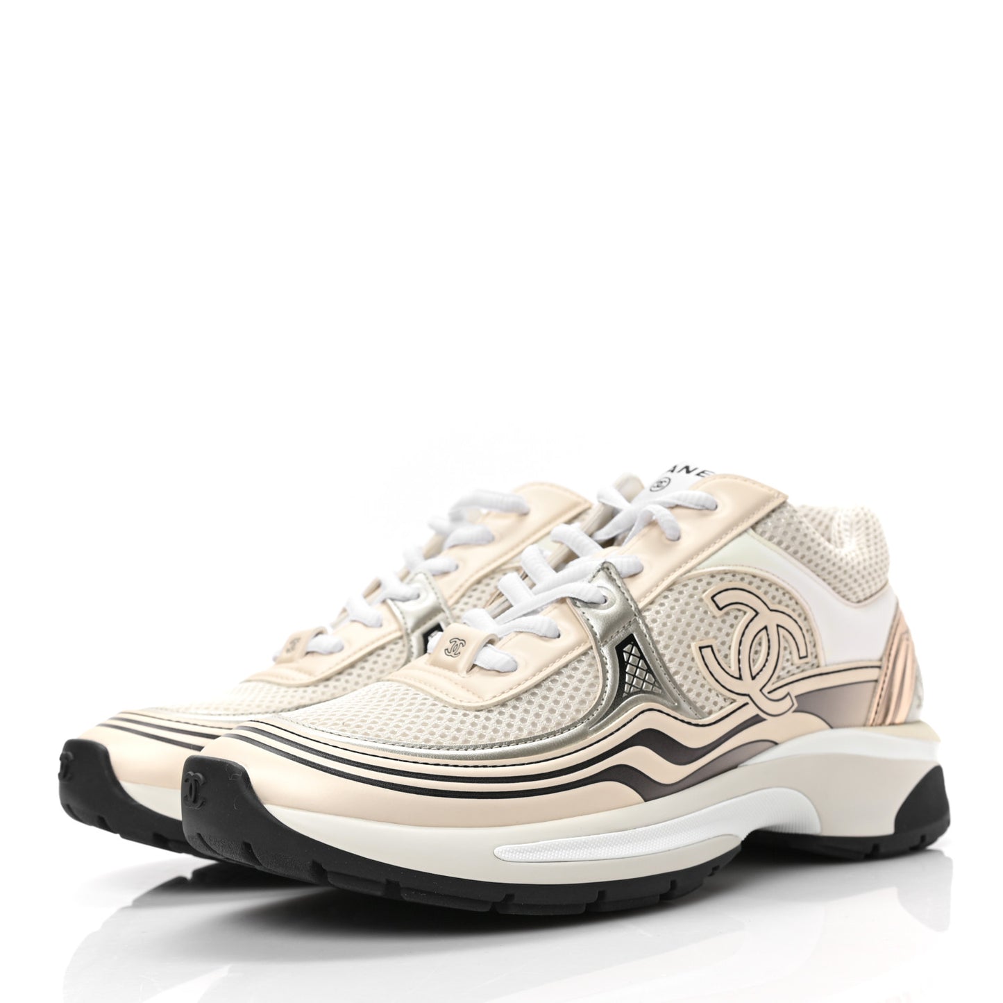 Fabric Laminated Calfskin Stretch CC Womens Sneakers 37.5 White Gold Silver