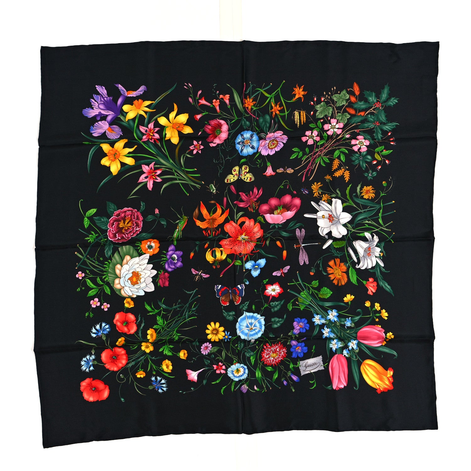 Gucci Silk Twill Flora Beauty Square Scarf Black 1 of 4