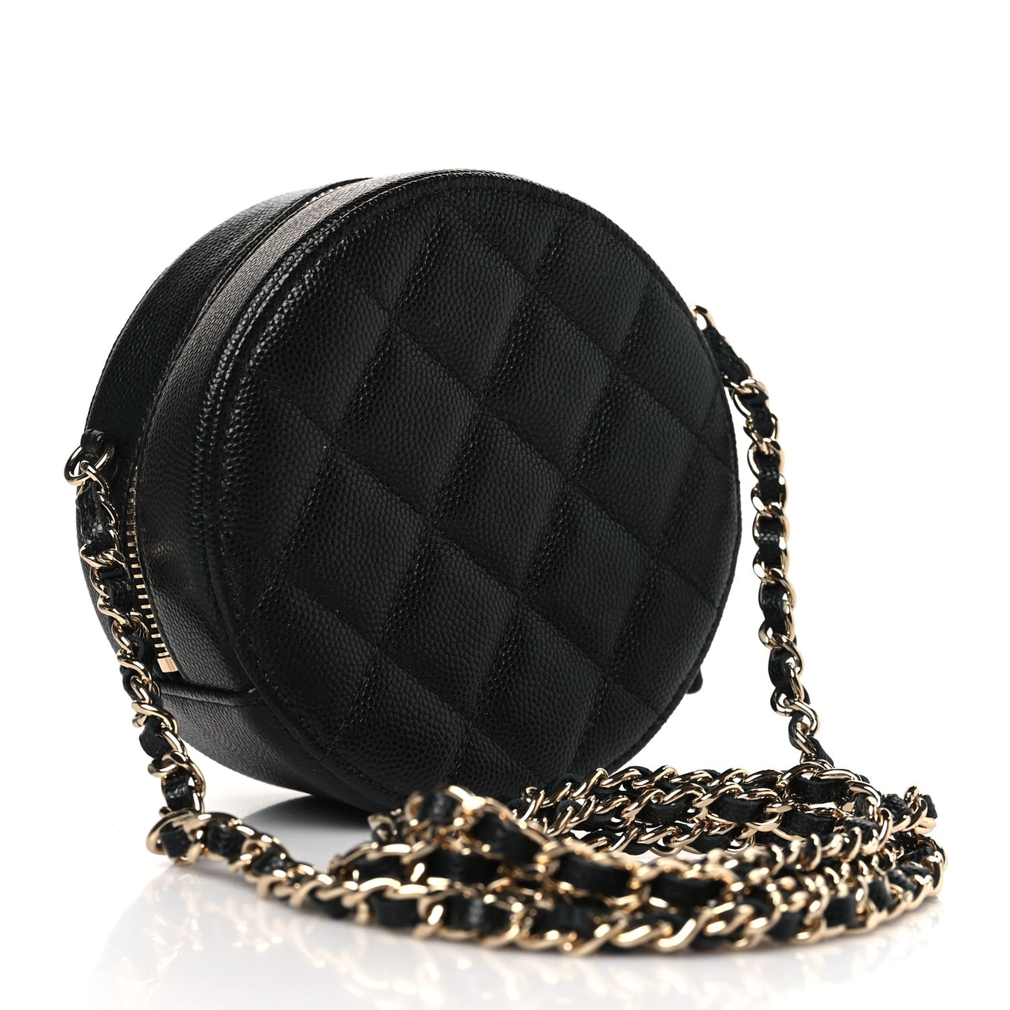 Caviar Quilted Round Clutch With Chain Black