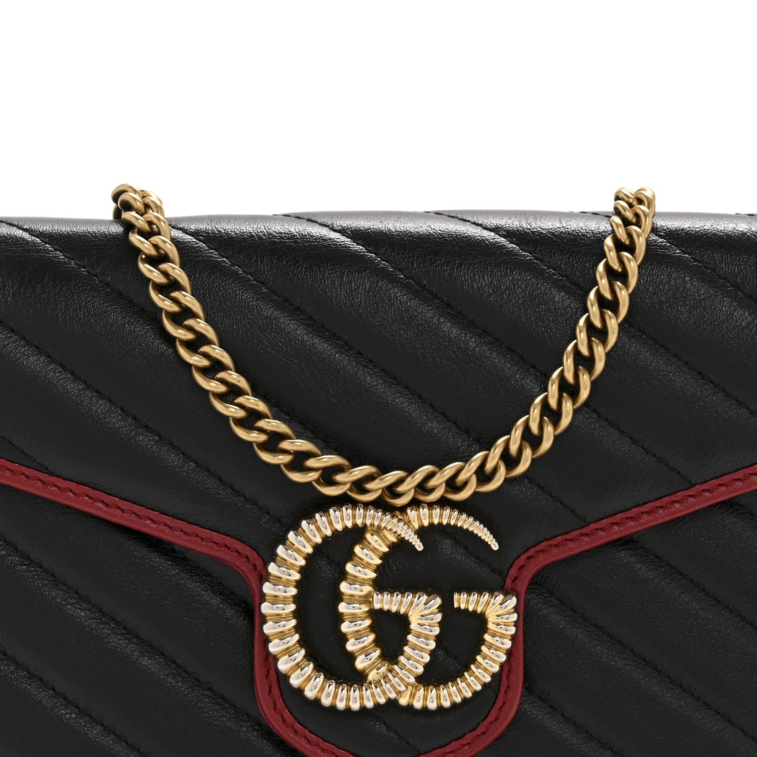Gucci Vintage Effect Calfskin Matelasse Diagonal Torchon GG Marmont Chain Wallet Black Romantic Cherry 8 of 12