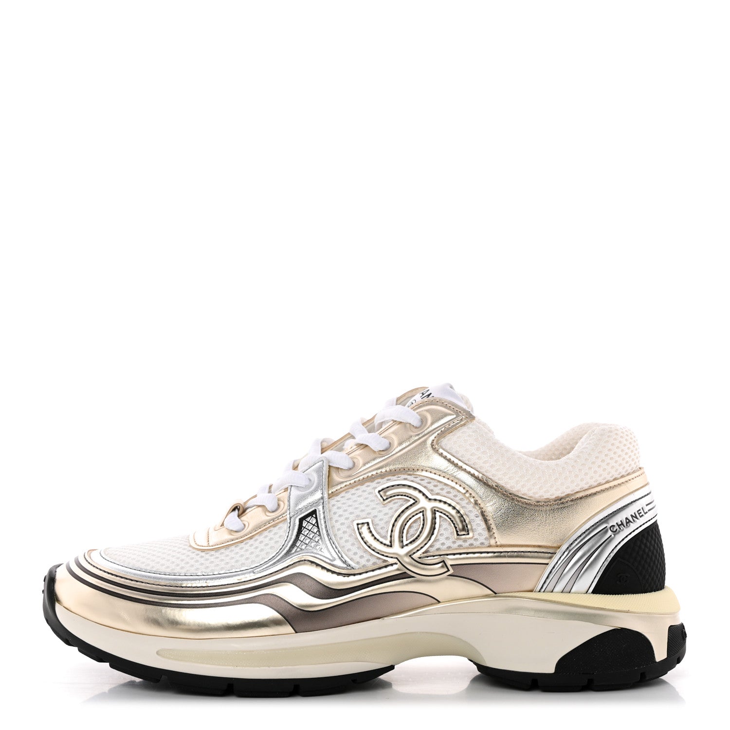 Chanel Fabric Laminated Calfskin Stretch CC Womens Sneakers 41 White Gold Silver 1 of 11