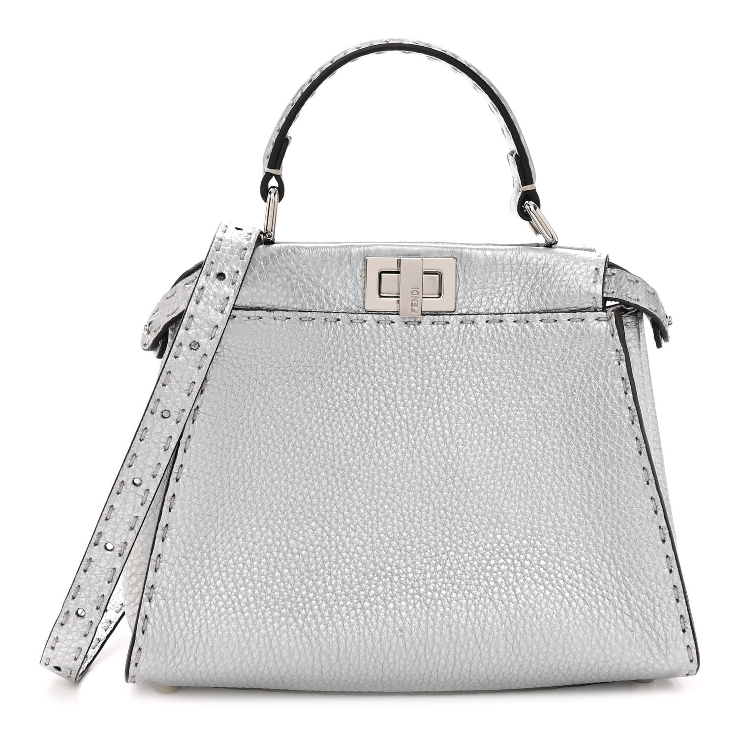Fendi Cuoio Romano Lux Selleria Mini Peekaboo Iconic Satchel Argento 1 of 11