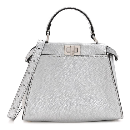 Fendi Cuoio Romano Lux Selleria Mini Peekaboo Iconic Satchel Argento 1 of 11