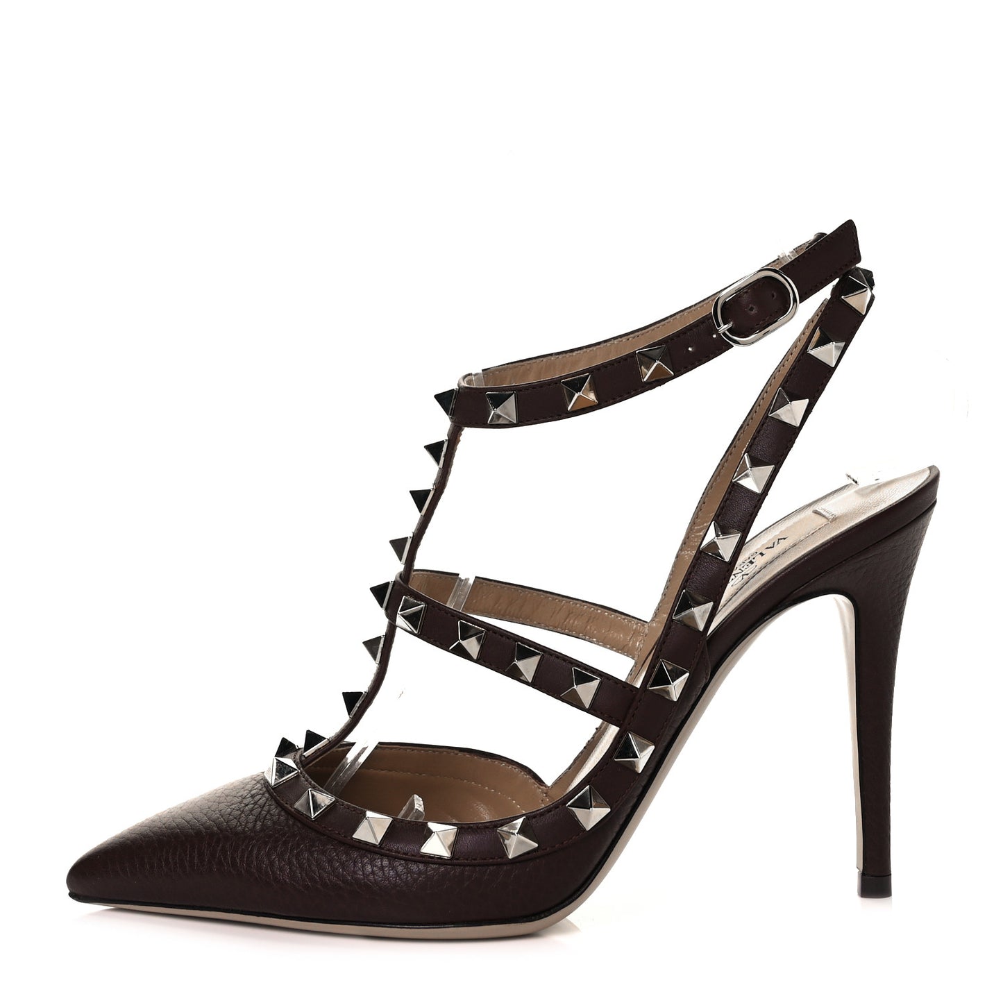 Pebbled Calfskin Rockstud Ankle Strap Pumps 37 Chocolate