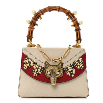 Gucci Goatskin Pearl Mini Fox Broche Bamboo Top Handle Bag Hibiscus Red Mystic White 1 of 14