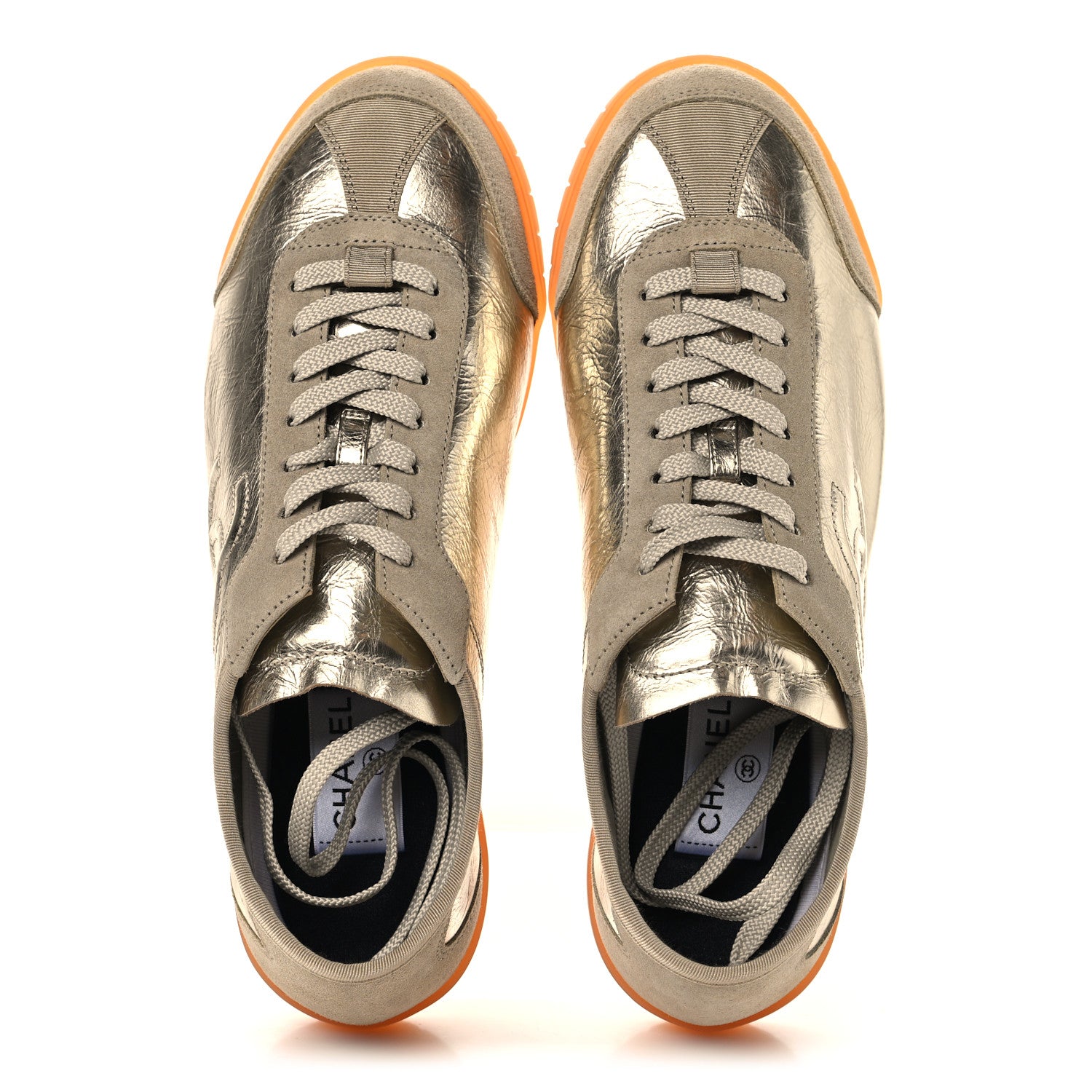 Chanel Laminated Crumpled Calfskin Womens CC Sneakers 40 Light Gold Beige 2 of 10