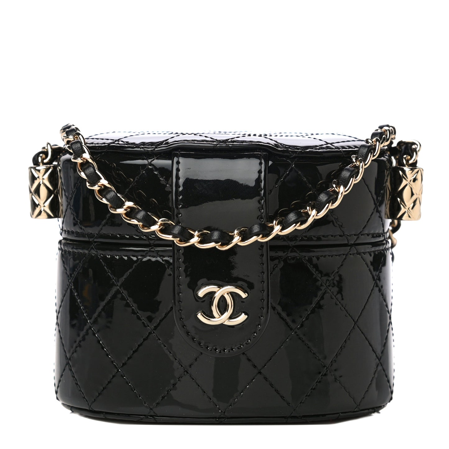 Patent Quilted Round Small Vanity With Chain Black
