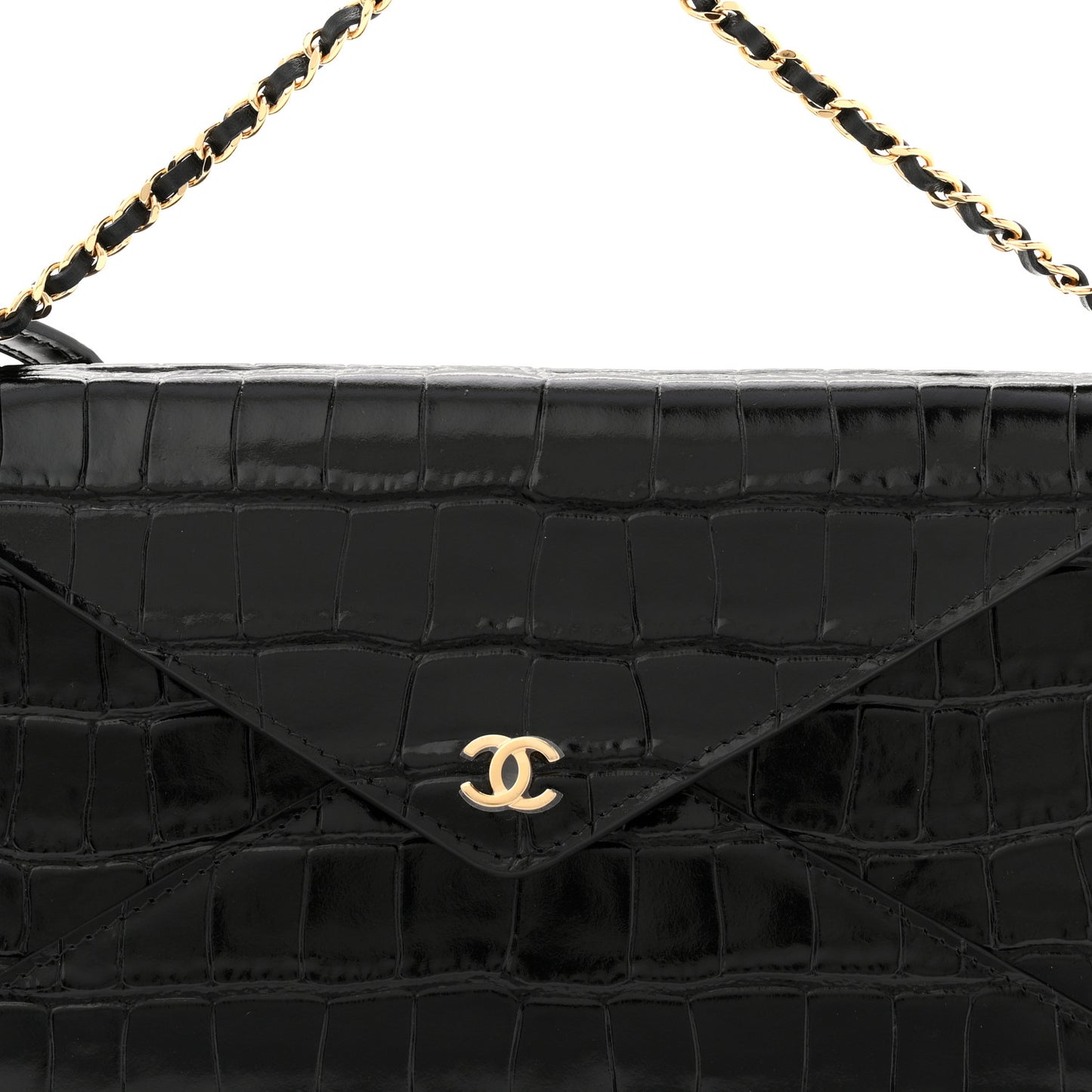 Calfskin Crocodile Embossed Clutch With Chain Black