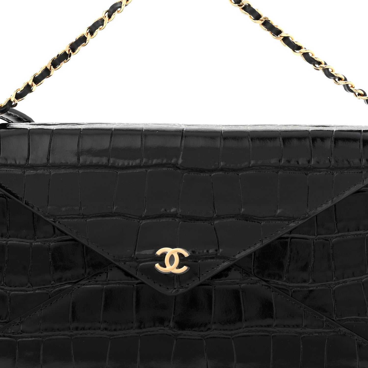 Chanel Calfskin Crocodile Embossed Clutch With Chain Black 8 of 11
