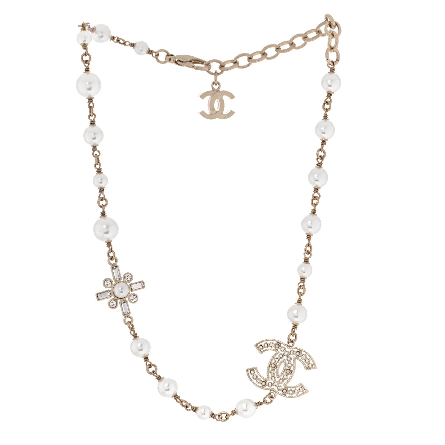 Chanel Crystal Baguette Pearl CC Cross Short Necklace Gold 3 of 5