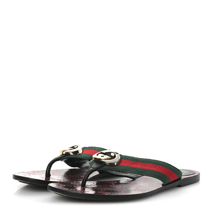 Gucci Nylon Calfskin Web GG Monogram Womens Thong Sandals 38 Green Red Cocoa 4 of 12