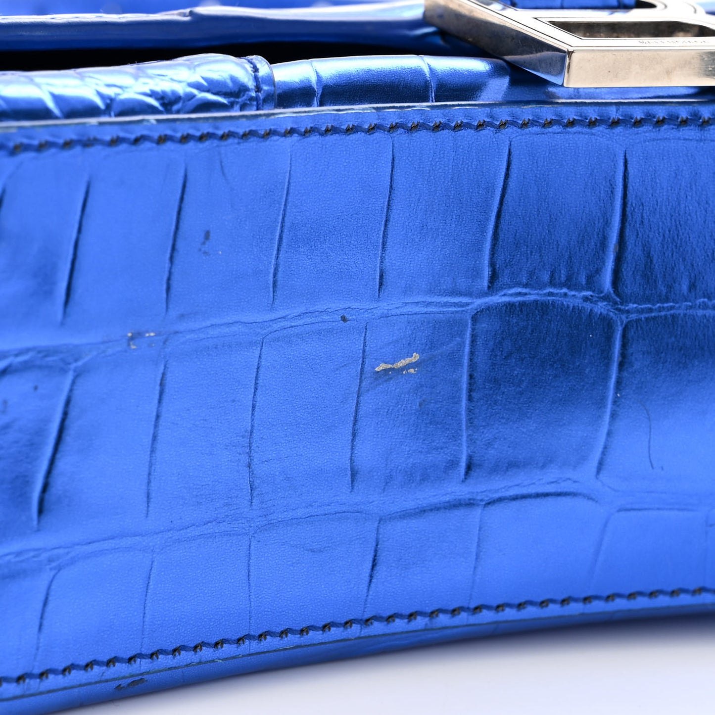 Metallic Shiny Calfskin Crocodile Embossed Hourglass Top Handle Bag XS Royal Blue