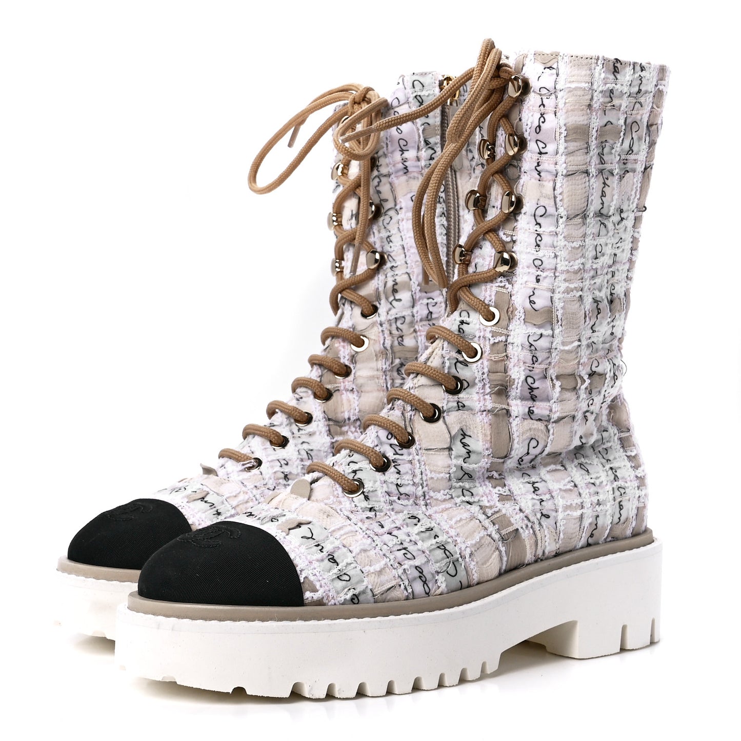 Tweed Grosgrain Cap Toe Lace Up Combat Boots 37 Multicolor