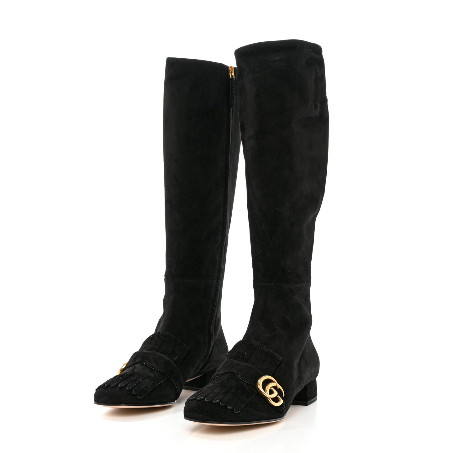 Kid Scamosciato GG Marmont Fringe Knee High Boots 40 Black