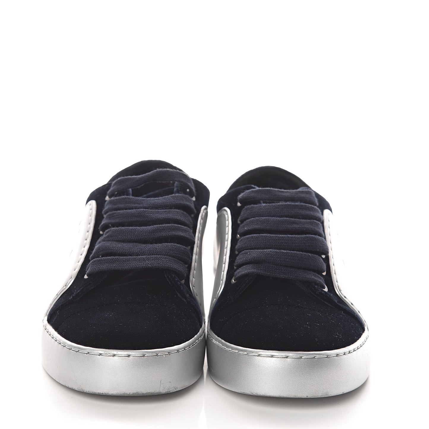 Calfskin Velvet Womens CC Sneakers 36.5 Silver Navy