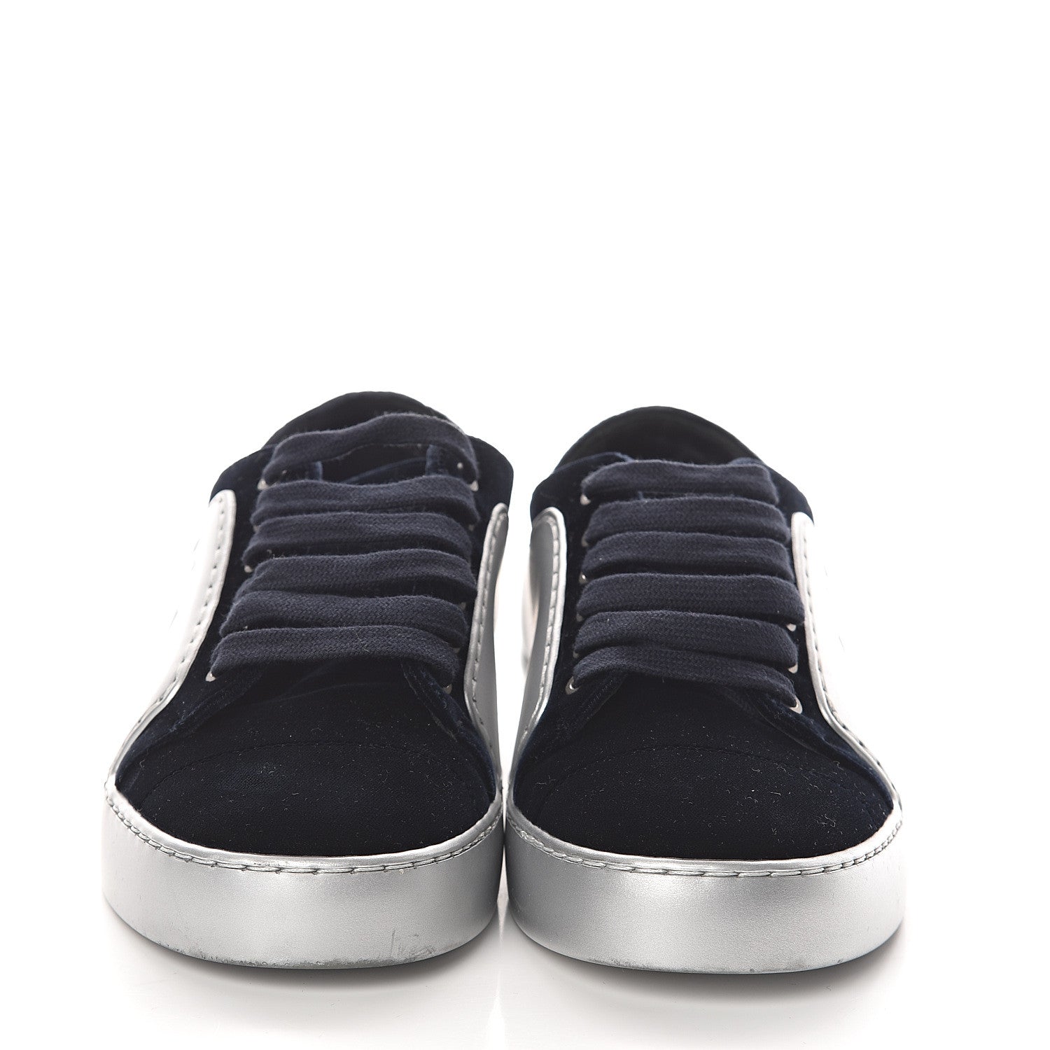Chanel Calfskin Velvet Womens CC Sneakers 36.5 Silver Navy 2 of 7