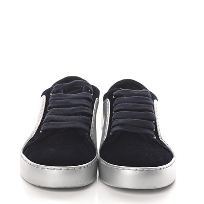 Chanel Calfskin Velvet Womens CC Sneakers 36.5 Silver Navy 2 of 7